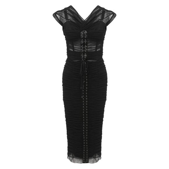 NWT Dolce & Gabbana Black lace-up corset midi Tulle Ruched Bustier Dress 46 XL - Picture 2 of 12